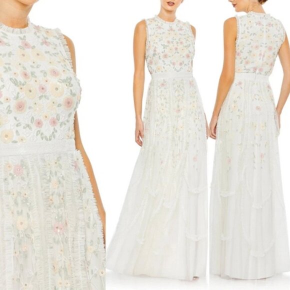 Mac Duggal Ivory Sequin Bead High Neck Sleeveless Floral Ruffle Gown - Picture 1 of 3